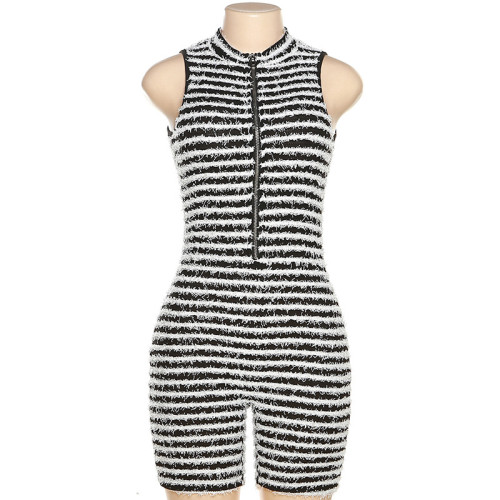 Women's knitted contrasting high waisted and buttocks tight jumpsuit shorts