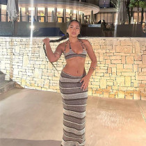 Women's New Sexy Low Chest Open Back Strap Top High Waist Long Half Skirt Set