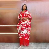 V-neck tassel loose fitting short sleeved printed long skirt