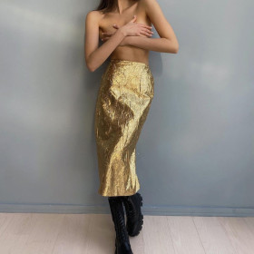Half length skirt with pleated high waist and slit back, fashionable and trendy, versatile wrap hip skirt