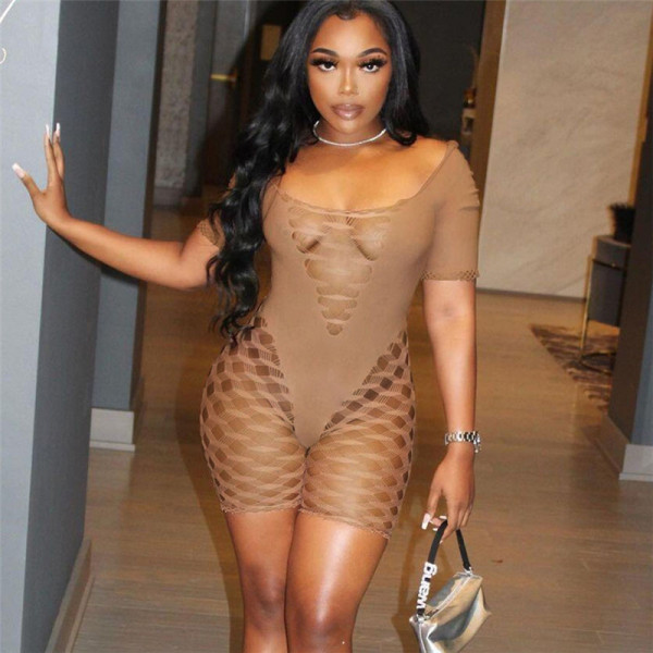 Women's sexy hollow out buttocks tight fishing net high waist casual jumpsuit shorts