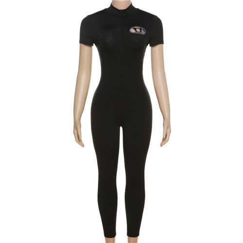 Fashion embroidered high waisted tight sports fitness jumpsuit