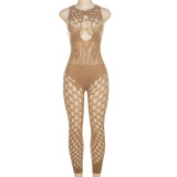 Women's solid color sexy sleeveless mesh hollow out long jumpsuit