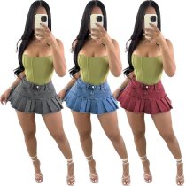 Sexy pocket zipper fashion denim pleated skirt Sexy pocket zipper fashion denim pleated skirt