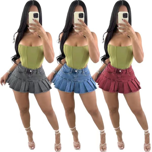 Sexy pocket zipper fashion denim pleated skirt