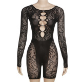 Sexy Perspective High Waist Long Sleeve Tight Wrap Hip Yoga Jumpsuit