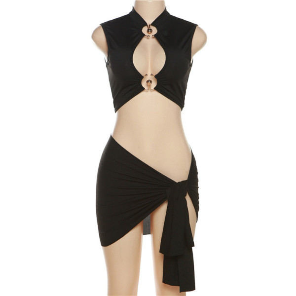 Women's Sexy Tight Hollow Top High Waist Wrapped Hip Lace up Short Skirt Set