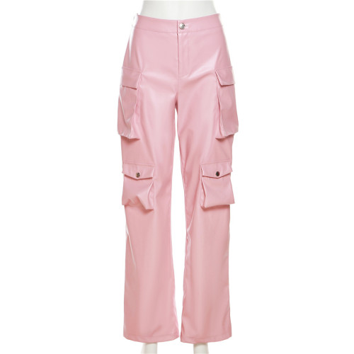 Fashionable workwear PU faux leather sexy high waist street pat straight tube casual pants