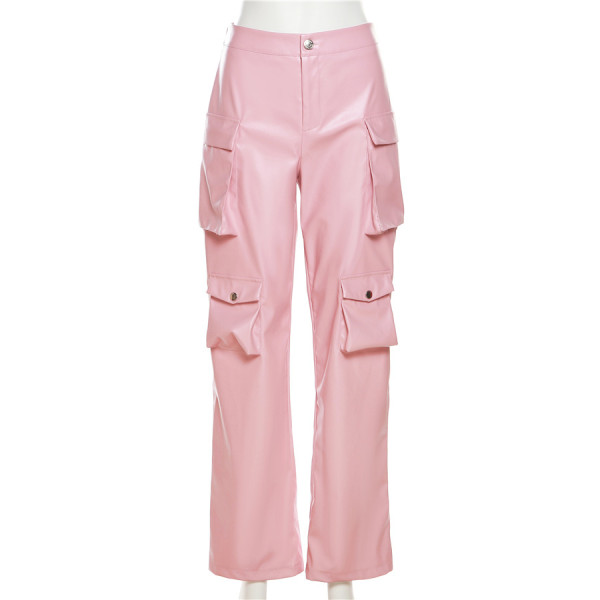 Fashionable workwear PU faux leather sexy high waist street pat straight tube casual pants