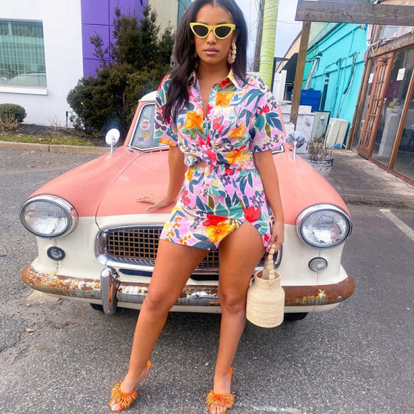 Women's printed holiday style Polo collar shirt+half skirt casual set