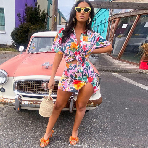 Women's printed holiday style Polo collar shirt+half skirt casual set