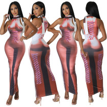 Mid length tight fitting dress, street trendy wrap buttocks skirt, pullover printed skirt