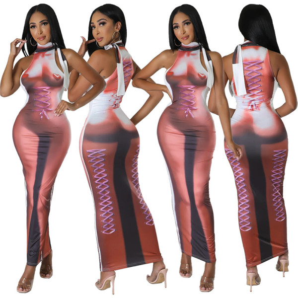 Mid length tight fitting dress, street trendy wrap buttocks skirt, pullover printed skirt