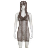 Women's knitted hollow out solid color slim fitting backless strap pile up collar hooded hanging neck and buttocks wrapped dress
