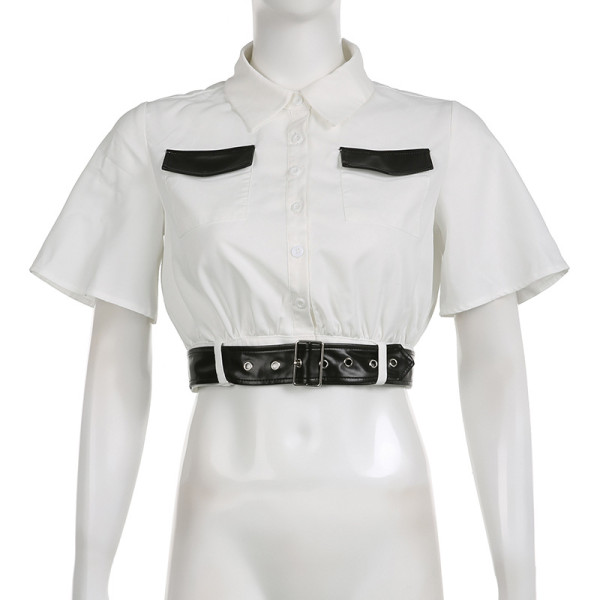 Women's contrasting leather stitching waistband short exposed polo collar shirt cardigan T-shirt