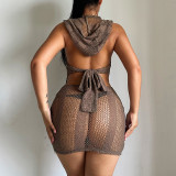 Women's knitted hollow out solid color slim fitting backless strap pile up collar hooded hanging neck and buttocks wrapped dress