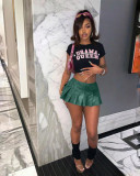 Solid cute PU leather mini pleated short skirt