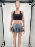 Solid cute PU leather mini pleated short skirt