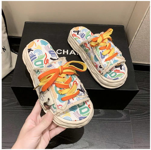 Personalized Graffiti Dissolved Thick Sole Slippers for Women's Summer Outwear New Canvas Slippers