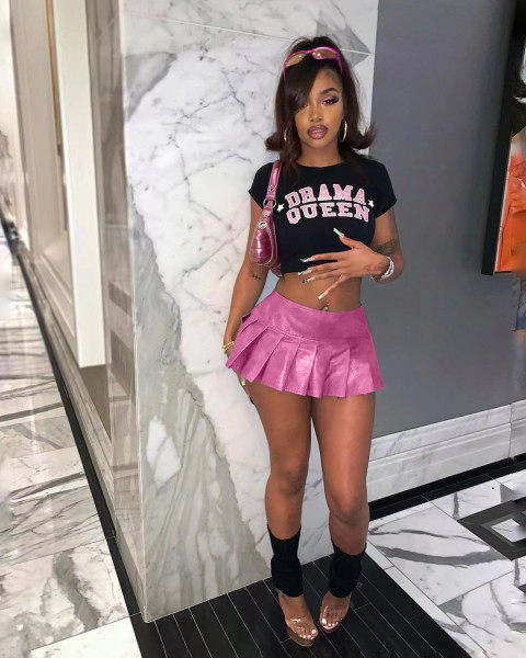 Solid cute PU leather mini pleated short skirt