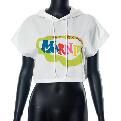 Printed Hooded Loose Short Open Navel T-shirt Top