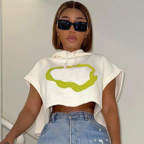 Women's personalized street print contrast short loose hooded T-shirt Women's personalized street print contrast short loose hooded T-shirt