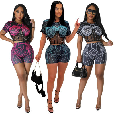 Two piece stylish digital printed round neck top paired with slim fitting shorts
