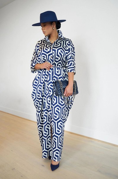 Fashionable single breasted long sleeved lapel printed shirt style dress