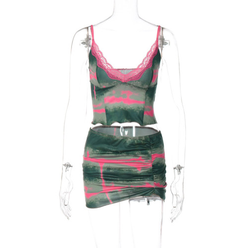 Women's tie dyed multi-color printing V-neck lace side suspender vest miniskirt two-piece set