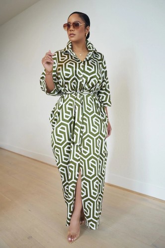 Fashionable single breasted long sleeved lapel printed shirt style dress