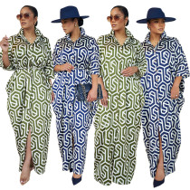 Fashionable single breasted long sleeved lapel printed shirt style dress