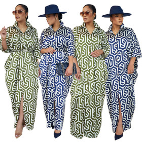 Fashionable single breasted long sleeved lapel printed shirt style dress
