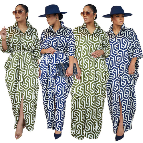 Fashionable single breasted long sleeved lapel printed shirt style dress