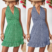 Hanging Neck Open Back Ruffle Dress