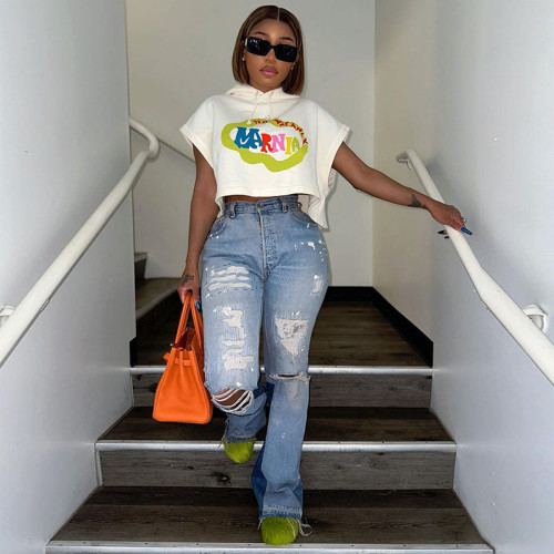 Printed Hooded Loose Short Open Navel T-shirt Top