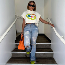 Printed Hooded Loose Short Open Navel T-shirt Top Printed Hooded Loose Short Open Navel T-shirt Top