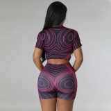 Two piece stylish digital printed round neck top paired with slim fitting shorts