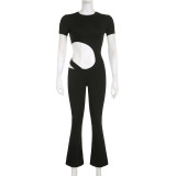Women's solid color basic personality hollowed out high waisted tight short sleeved jumpsuit with micro flared pants