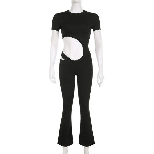 Women's solid color basic personality hollowed out high waisted tight short sleeved jumpsuit with micro flared pants