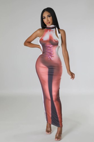 Mid length tight fitting dress, street trendy wrap buttocks skirt, pullover printed skirt