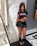 Solid cute PU leather mini pleated short skirt
