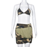 Open navel lace up patchwork camouflage denim skirt set