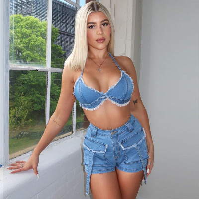 Lace up Tassel Pocket Wash Button Open Back Denim Set