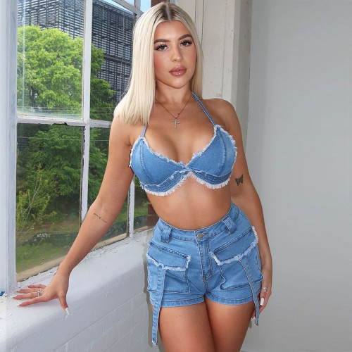 Lace up Tassel Pocket Wash Button Open Back Denim Set