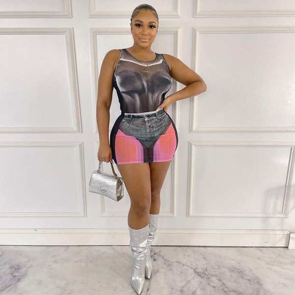 Sexy navel exposed short sleeved celebrity set with hip wrap skirt two-piece set
