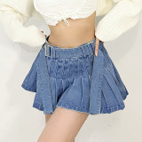 Denim belt waist pleated short skirt casual age reducing skirt