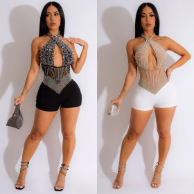 Sexy Hot Diamond Bead Hanging Neck Jumpsuit Nightclub Dress