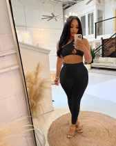 Solid color diagonal shoulder hollowed out tank top and pants sports two-piece set Solid color diagonal shoulder hollowed out tank top and pants sports two-piece set