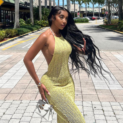 Women's Fashion Sexy Sleeveless Hanging Neck Lace Up Open Back High Waist Wrapped Hip Dress