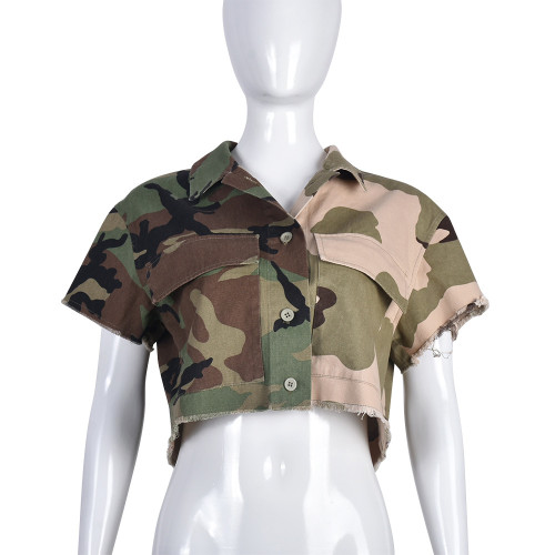 Camouflage color contrast pocket personalized cardigan outdoor short sleeved women's coat